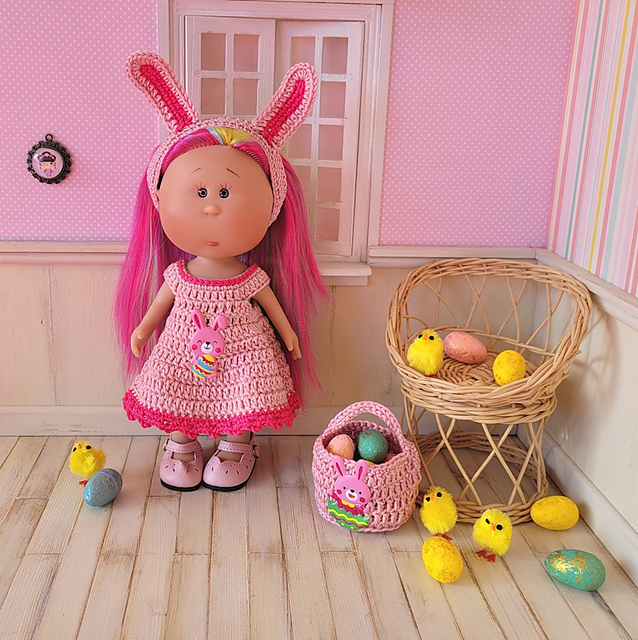 Patron d'ensemble de vêtements au crochet "Lapin de Pâques" pour poupée Little Mia par Atelier Crochet